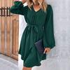 Women's Fashion Summer Spring Solid Color Print Long Sleeve V-Neck Casual Dresses