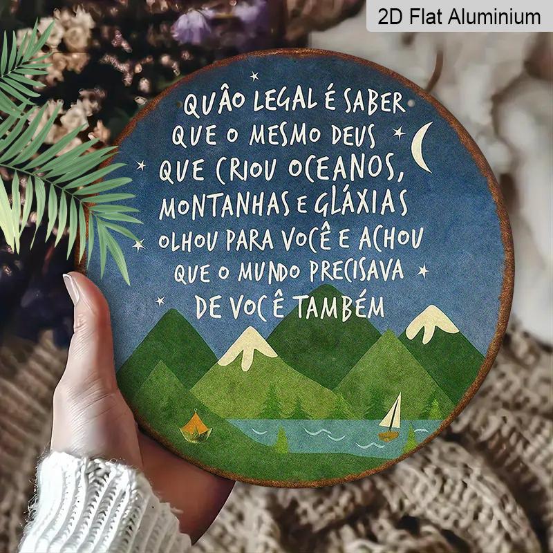 2D Flat, 1pc 7.87x7.87 Inch Round Portuguese Aluminum Sign - "God Created" Inspirational Quote, Vintage Decorative Sign with Serene Landscape Design