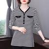 Fashion Simplicity Versatile Commute Button Montage Stripev Neck Large Size Loose Black White Ladies' Base Shirt Autumn 2024