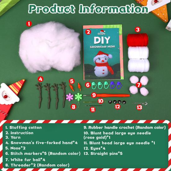Рождественский набор для вязания крючком. Дизайн снеговика с простыми инструкциями. Улучшите навыки рук. Избавьтесь от скуки. Рождественский набор для вязания снеговика крючком.