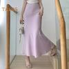 Women Fishtail Skirt High Waist Fishtail Hem Maxi Skirt Solid Color Retro Satin Texture Hip Wrapped Skirt