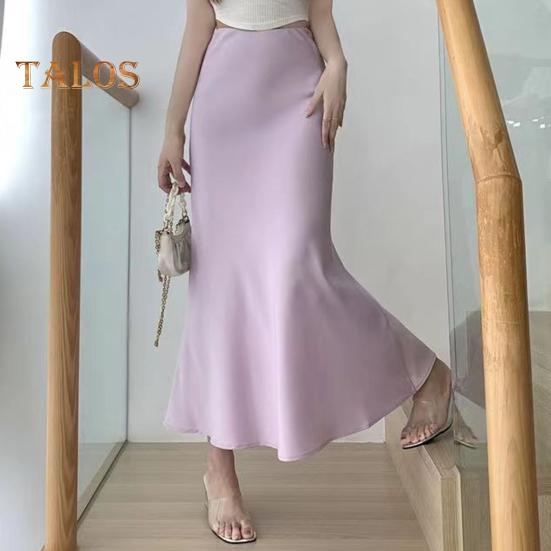 Women Fishtail Skirt High Waist Fishtail Hem Maxi Skirt Solid Color Retro Satin Texture Hip Wrapped Skirt