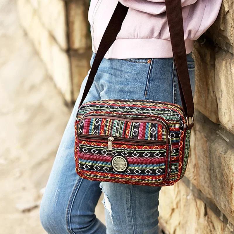 Multi Layer Messenger Bag Women Striped Canvas Single Bag Woman Mobile Phone Crossbody Bag Nylon Oxford Shoudler Bag