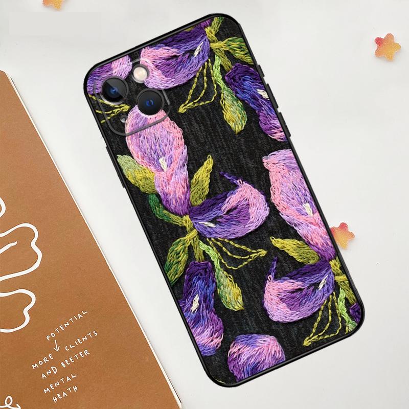 Вышивка Цветами Чехол для Телефона Для iPhone 11 12 13 14 15 16 Pro Max Mini XS Max X XR Plus Чехол Coque