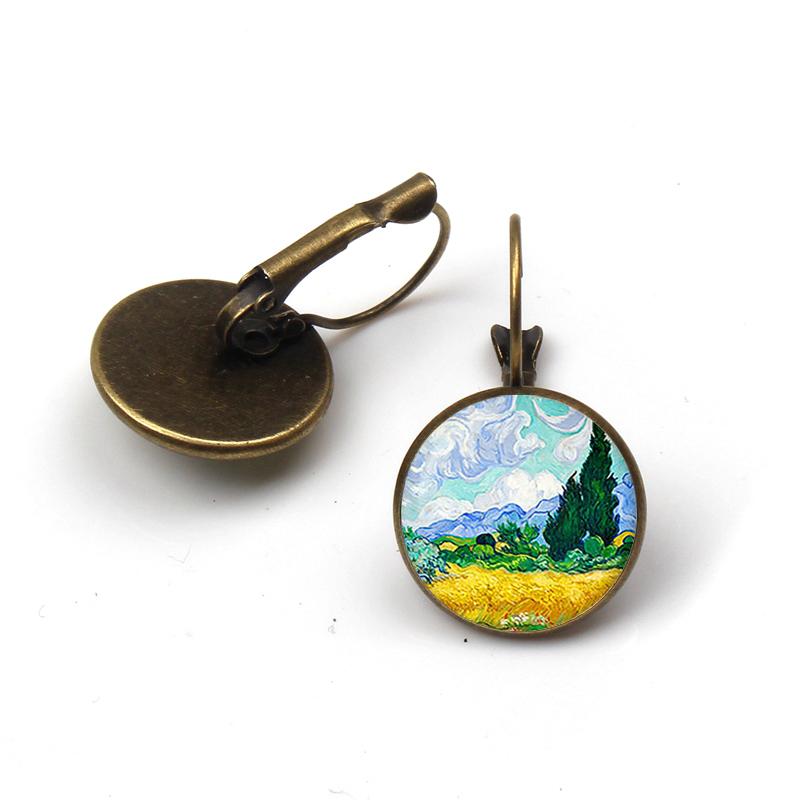 Fashion Flower Printed Famous painting Earring Jewelry Ethnic Big Round Gogh starry night Dangle Earrings Women Wedding Ohrringe