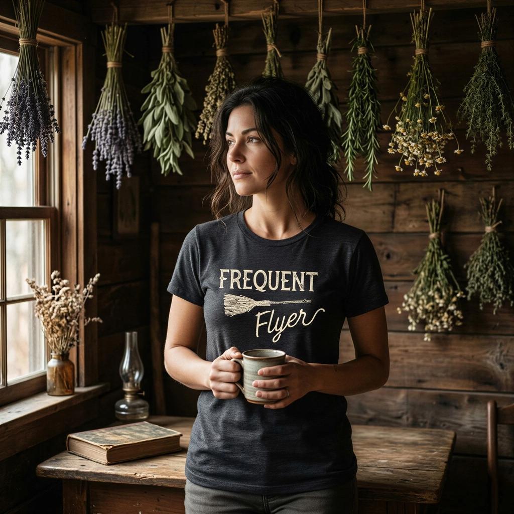 Women's Frequent Flyer T-Shirt Funny Halloween Witch Broom Novelty T-Shirt