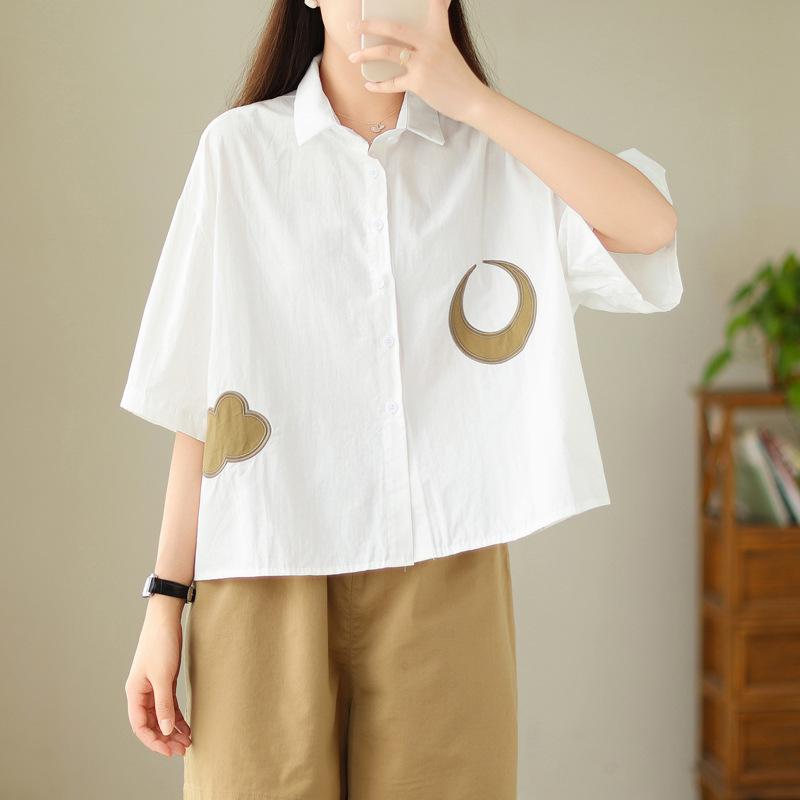1116 Summer Simple Literary Design Sense Contrasting Color Embroidery Loose Sweet Age Reduction Versatile Large Size Short Sleeve Shirt