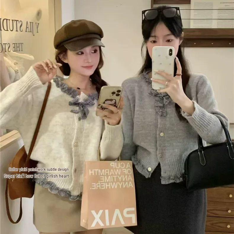 Корейский шик, кардиган из трикотажа с оборками и бантом - Женский осенний дизайн