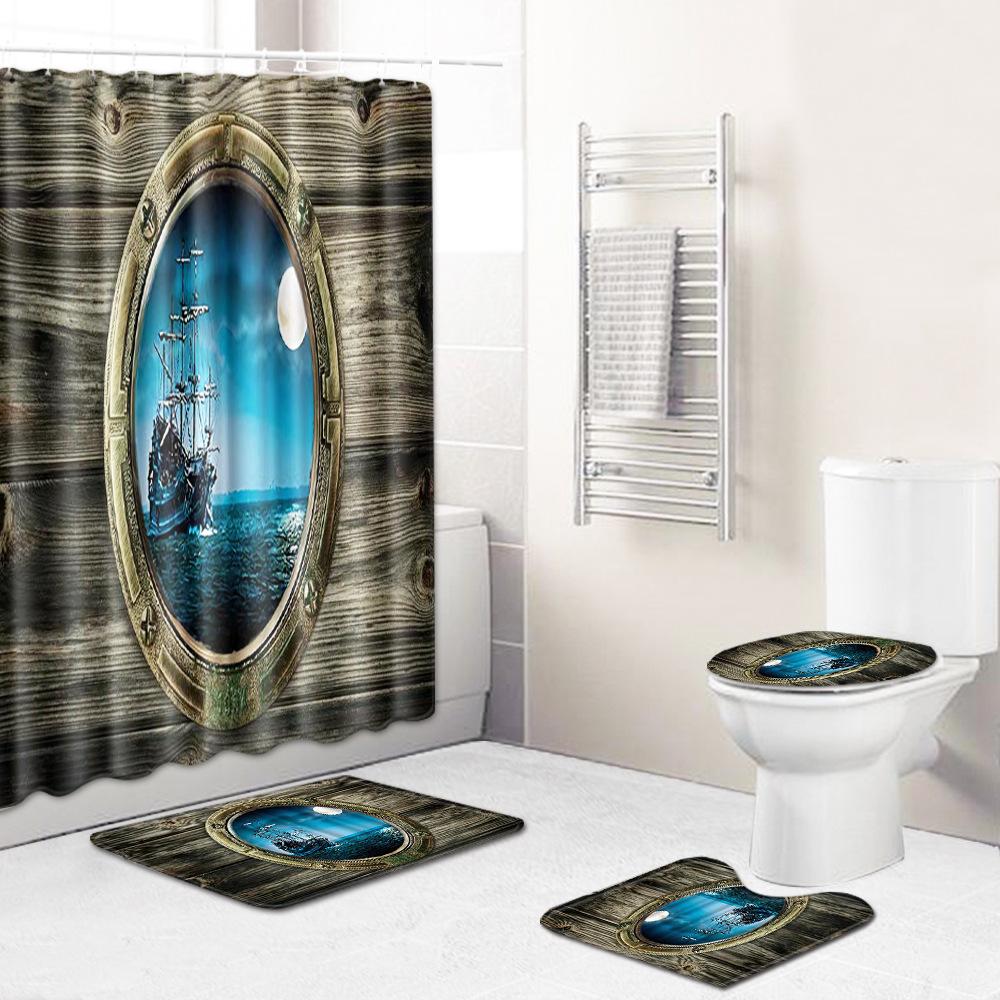 Creative 3D Printing Bathroom Non-Slip Floor Mat Shower Curtain Combination Carpet European And American Style
