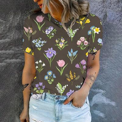 Летняя женская одежда с художественным цветочным узором, элегантный стиль, свободная футболка с круглым воротником, удобные топы XXS-6XL