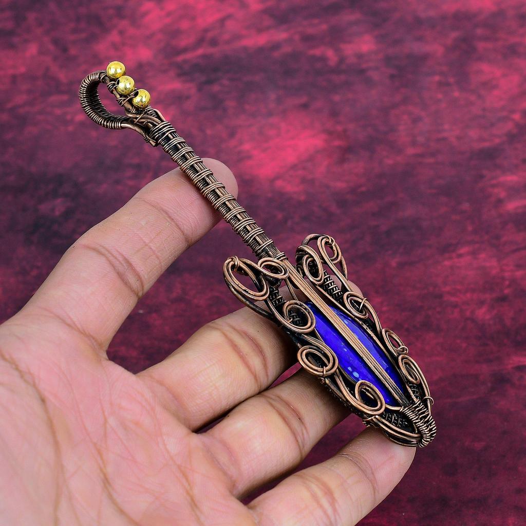 Lapis Lazuli Gemstone Pendant Copper Wire Wrapped Guitar Pendant Handmade Jewelry