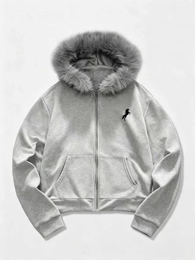 Men Fur Hood Zip Up Jacket, Casual Hooded Sweatshirt with Front Pocket for Street Wear and Weekend Leisure