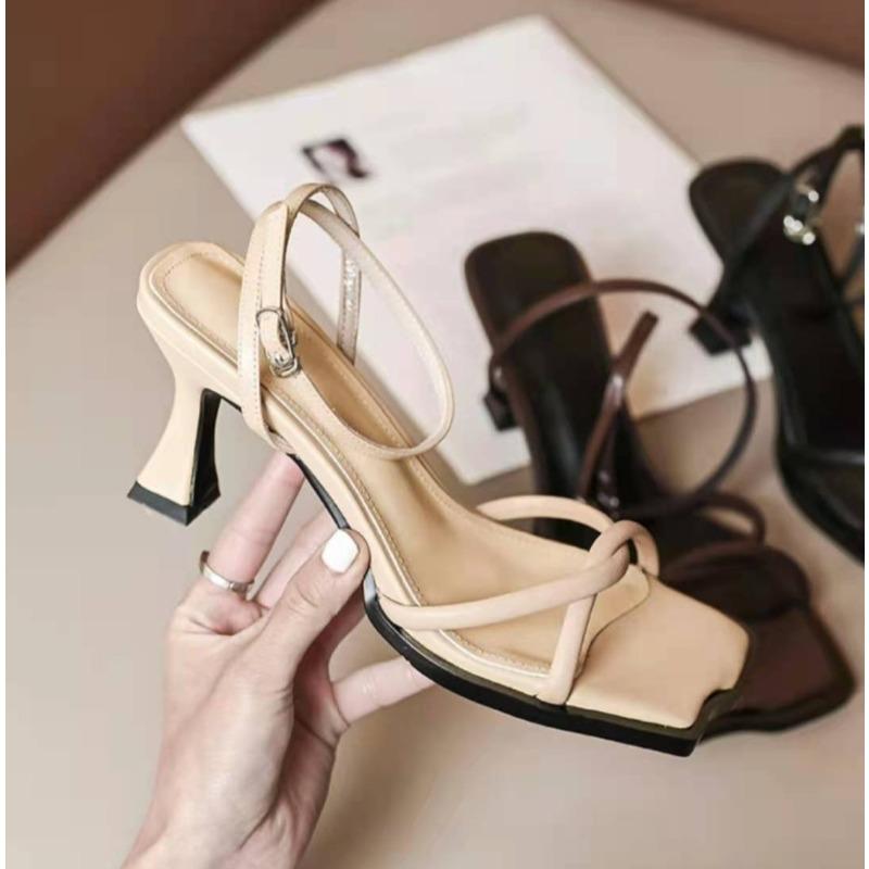 2025 New French Fine Strap Square Head Design Sandals for Women's Summer Sexy Open Toe Clip Toe High Heel Shoes