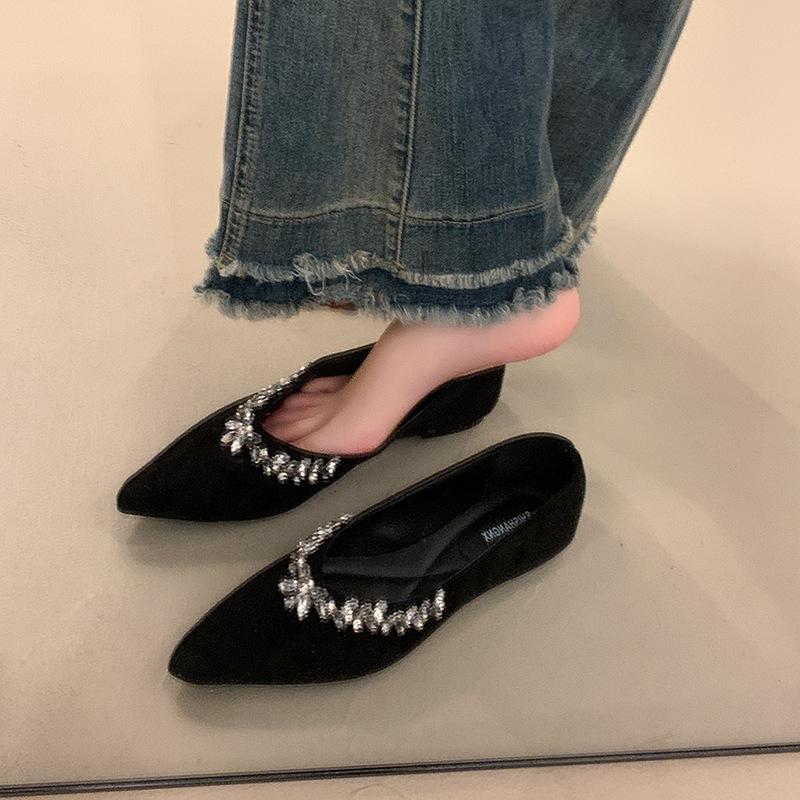Французские туфли Мэри Джейн с острым носком и стразами, женские, новые на весну и осень 2025 года, на плоской подошве, милые, с мягкой подошвой, вечерние туфли, обувь с украшениями