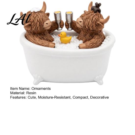 Gift for Scottish Cow Fans Highland Figurine Cows Toasting in Bathtub Resin Statue Creative Desktop Ornament Cute Farm Animal Tabletop Bathroom Home