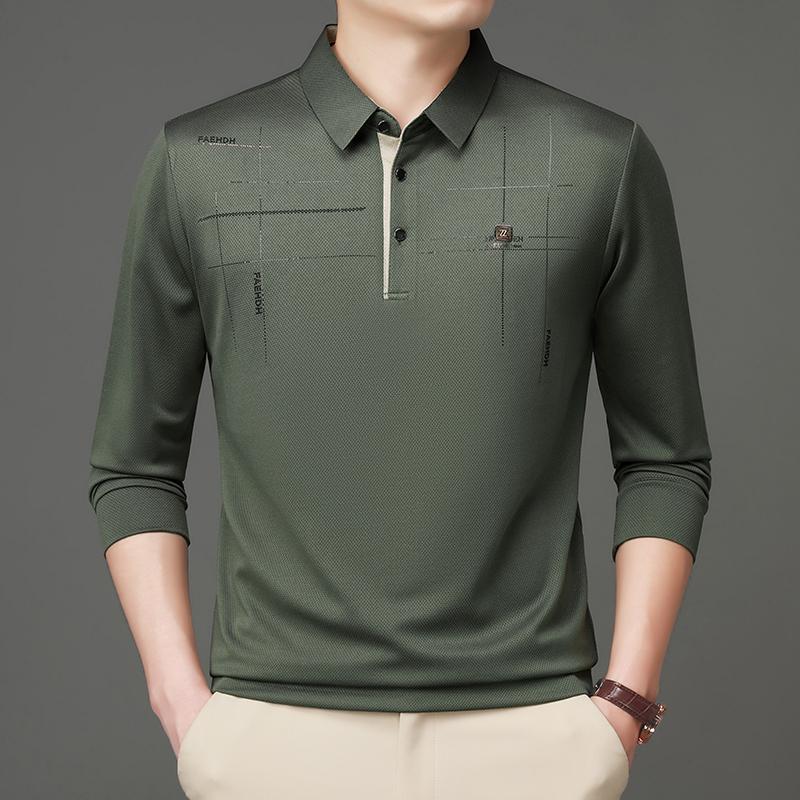 2025 Новинка Осени Мужская Футболка Поло с Длинным Рукавом для Среднего Возраста, Деловая, Удобная, Однотонная, с Воротником