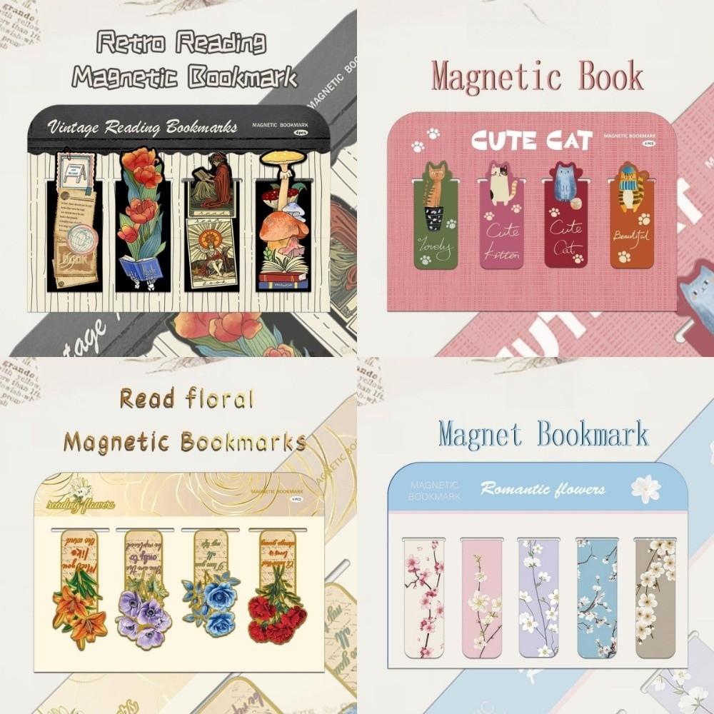 4/5pcs Magnetic Closure DIY Bookclip Set Cute Cat Flowers Reading Marks Gift Giving