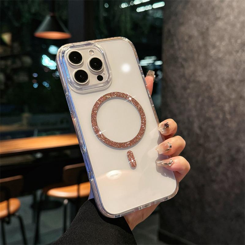 Роскошный блестящий чехол Magsafe для беспроводной зарядки для iPhone 16 15 14 13 12 Pro Max Plus Магнитное покрытие Прозрачная жесткая задняя крышка