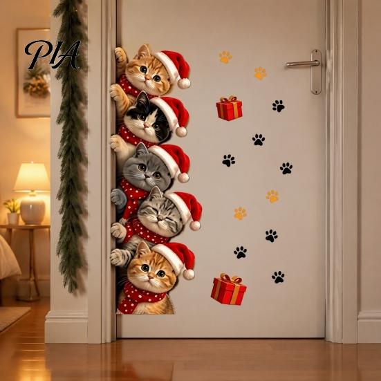 Cartoon Kitty Window Graphics Christmas Cat Door Sticker, Cute Santa Hat Kittens Wall Decal, Self Adhesive Animal Art Waterproof PVC Sticker