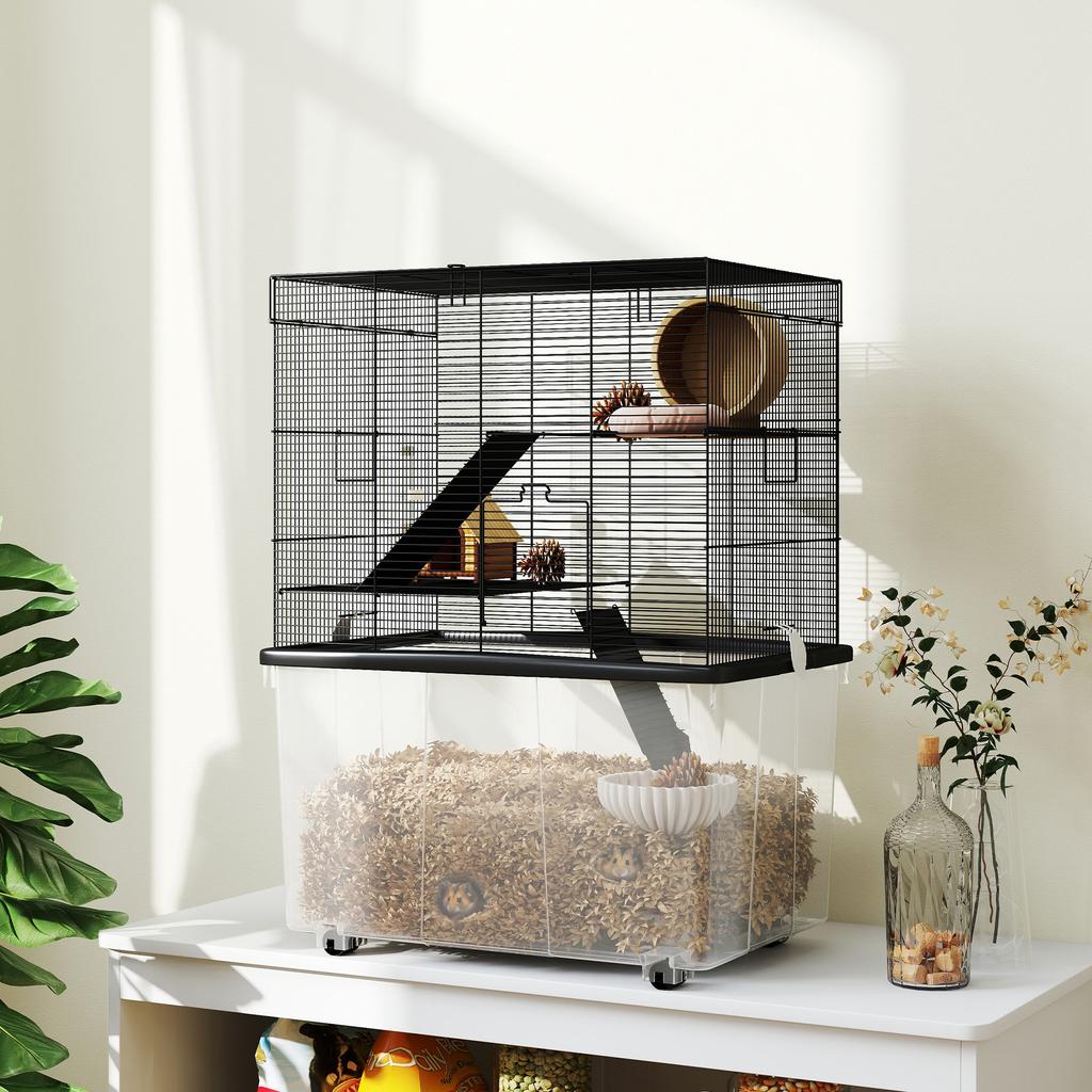 3-Story Hamster Cage with Wheels, 2 Platforms, Ramps, Bowl and Bottle, 58x43x74 cm, Black