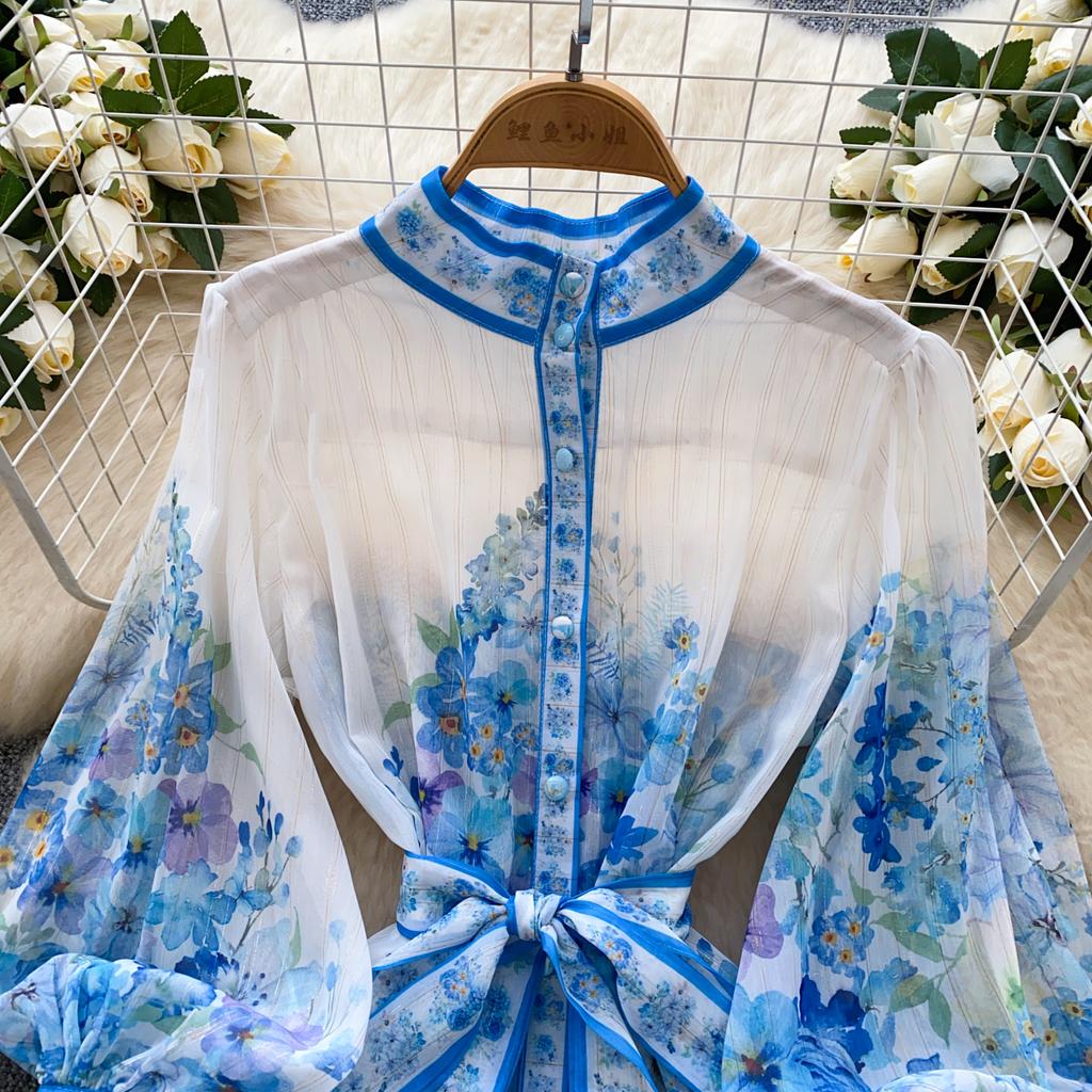 Spring Summer Women Lantern Sleeve Print Chiffon Mini Short Chic Boho Holiday Beach Lace-up Dresses