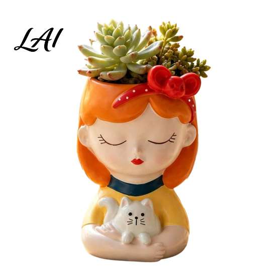 Cartoon Animal Succulent Pot Cute Head Planter Resin Little Girl Flower Pot Human Compact for Windowsill Face Cactus Plants Container Bonsai Holder