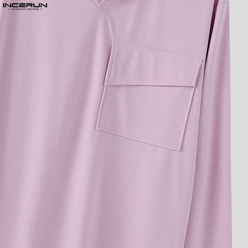 INCERUN Мужские футболки оверсайз с лацканами, длинным рукавом, однотонные, свободные, повседневные