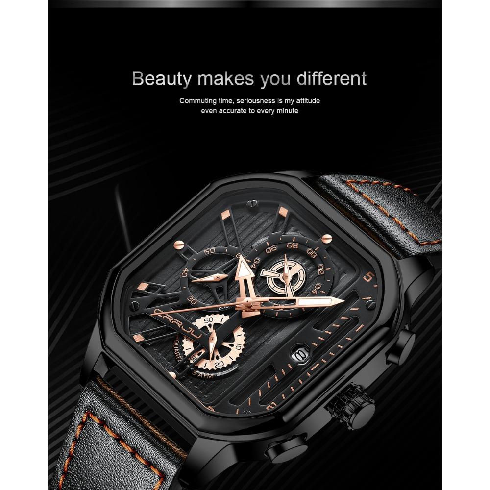 CRRJU Модные квадратные мужские часы с кожаным ремешком, роскошные спортивные водонепроницаемые часы, мужские, хронограф, кварцевые наручные часы, Homme+Коробка