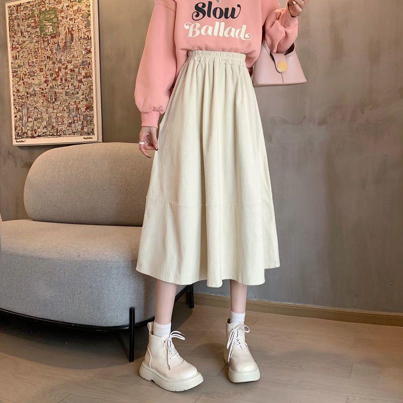 Эластичная талия Вельветовая юбка женская осень-зима винтажная юбка средней длины однотонная с высокой талией корейский стиль одежда