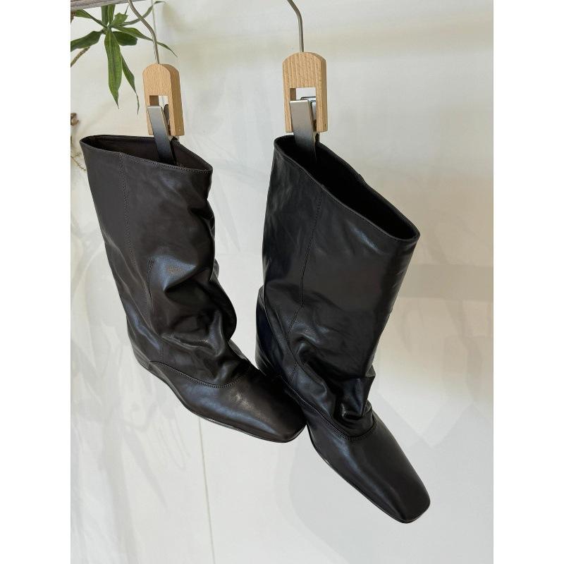 Коровья кожа~ Осень и зима новые ботинки с внутренней высотой 5 см, квадратный носок, свободный голенище, полусапоги, женские короткие ботинки, модные рыцарские ботинки