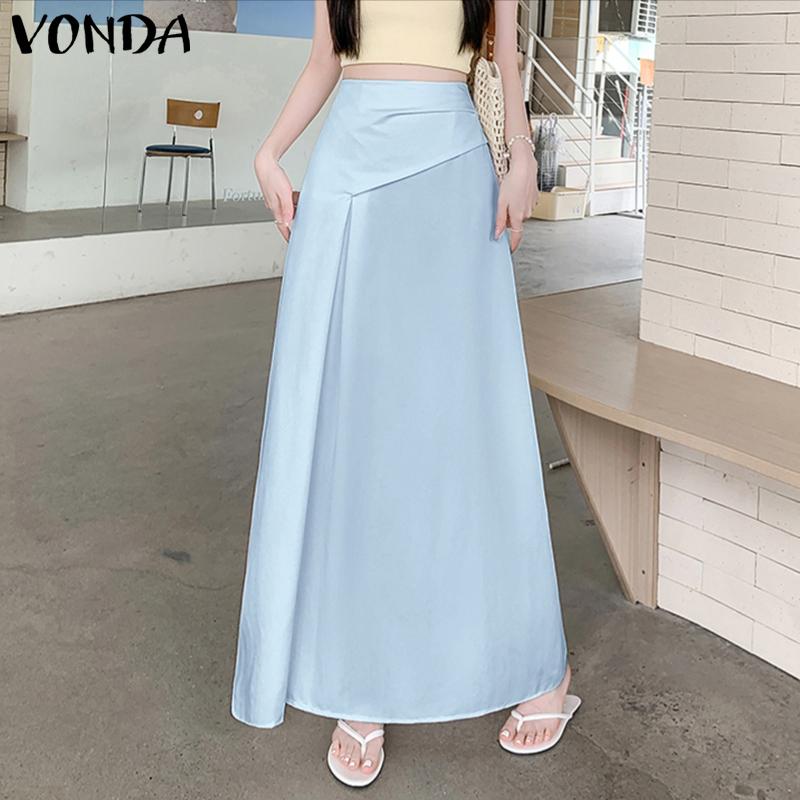 VONDA Women High Waist Solid Color Splits Casual Long A-line Skirts