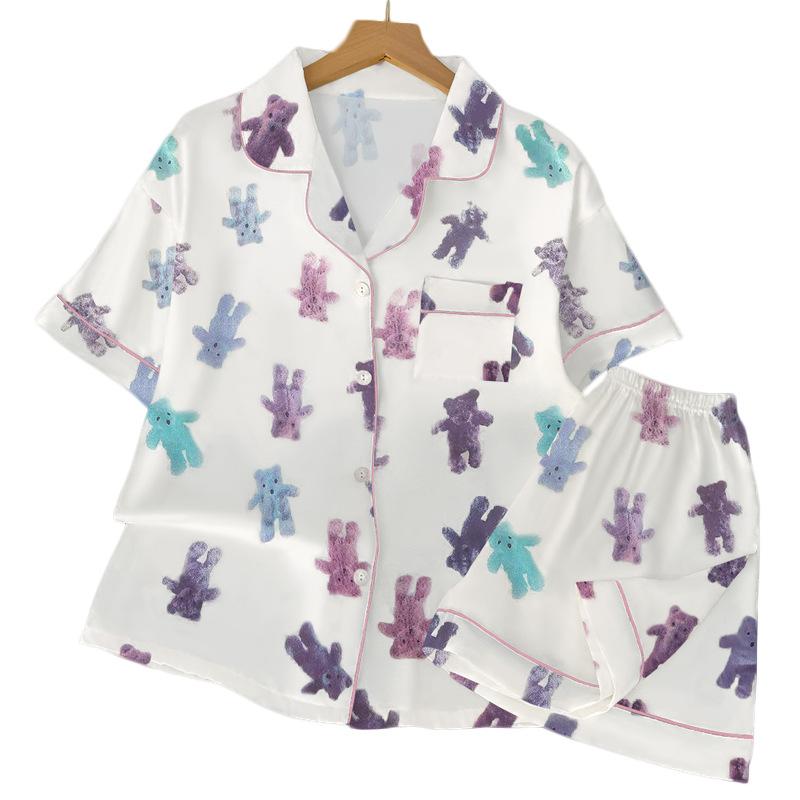 Casual Cartoon Bear Ice Silk Pajamas Girl Summer Thin Short-Sleeved Shorts Can Be Worn Outside Loungewear Suit