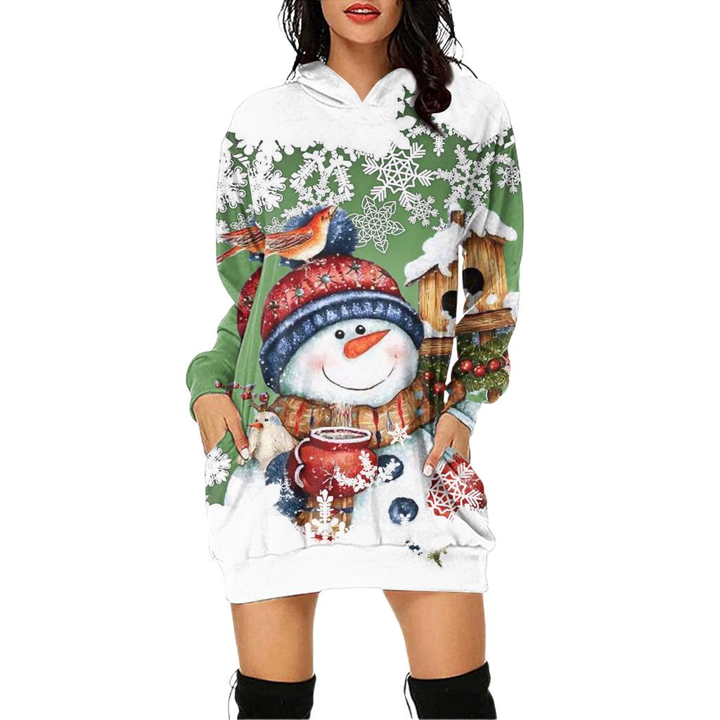 Women's Christmas Print Long-Sleeved Hooded Pocket Pullover Dress