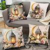 Ramadan Cushion Covers Lantern Floral Designs with Green Plants Printed Square Pillowcase Zipper Closure for Living Room Decor