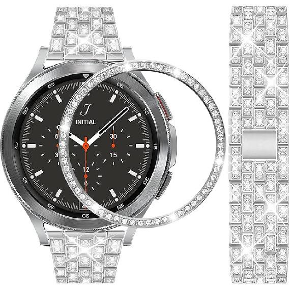Ремешки, совместимые с Samsung Gear Sport/Galaxy Watch 42mm / Galaxy 4 Classic (42мм), Роскошный ремешок из нержавеющей стали с бриллиантами и стразами и кольцом-безелем