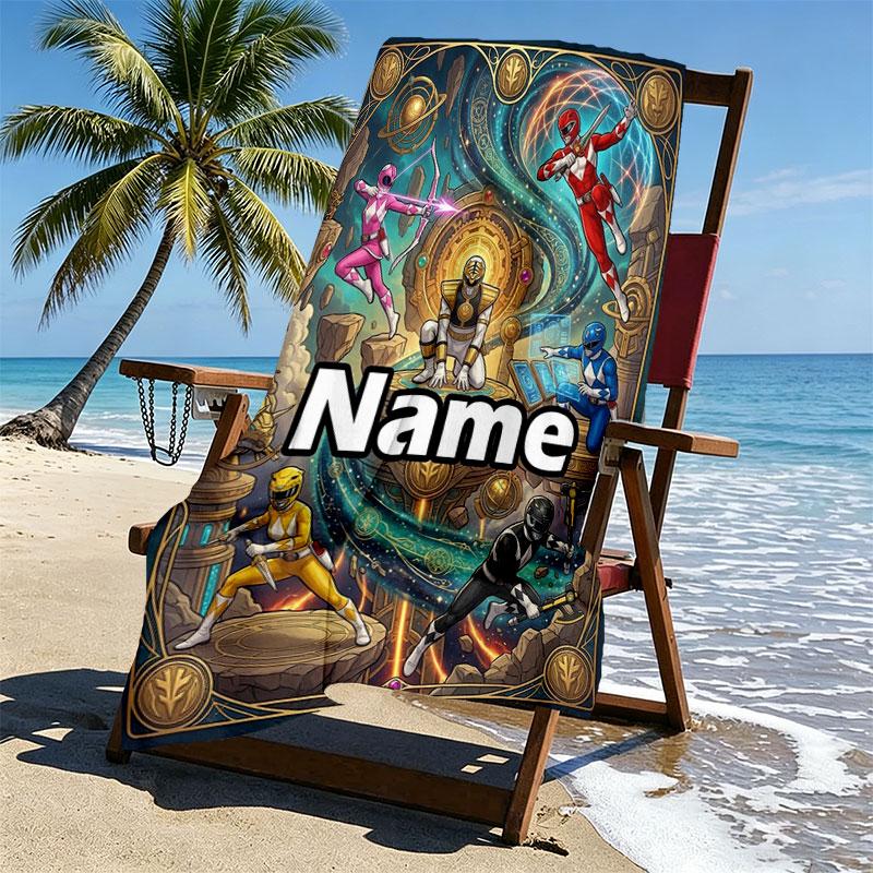 Custom Name Personalized Power Rangers Print Beach Towel, for Trip Camping Beach Party Home Decor, Birthday Gift for Family & Friends