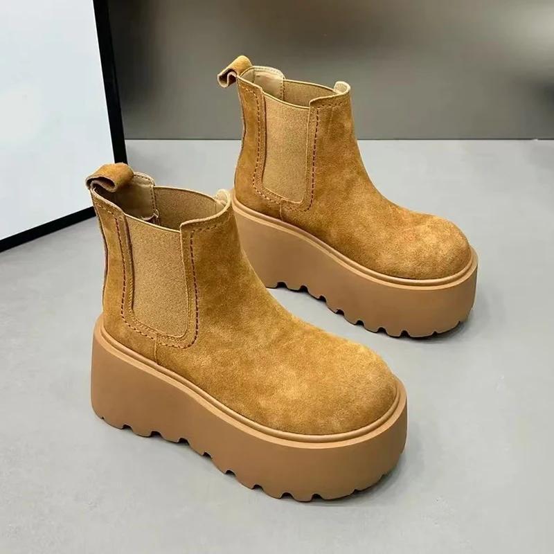 Ботильоны на платформе, женские замшевые туфли, брендовые повседневные ботинки челси, тренд 2024 года, высокие каблуки, зимние хлопковые удобные готические ботинки Mujer