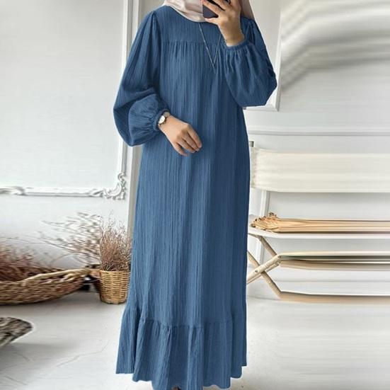 Women Robe Dress Crew Neck Long Puff Sleeves Pure Color Plus Size Patchwork Straight Pullover Casual Middle East Area Traditional Clothes Maxi Dress