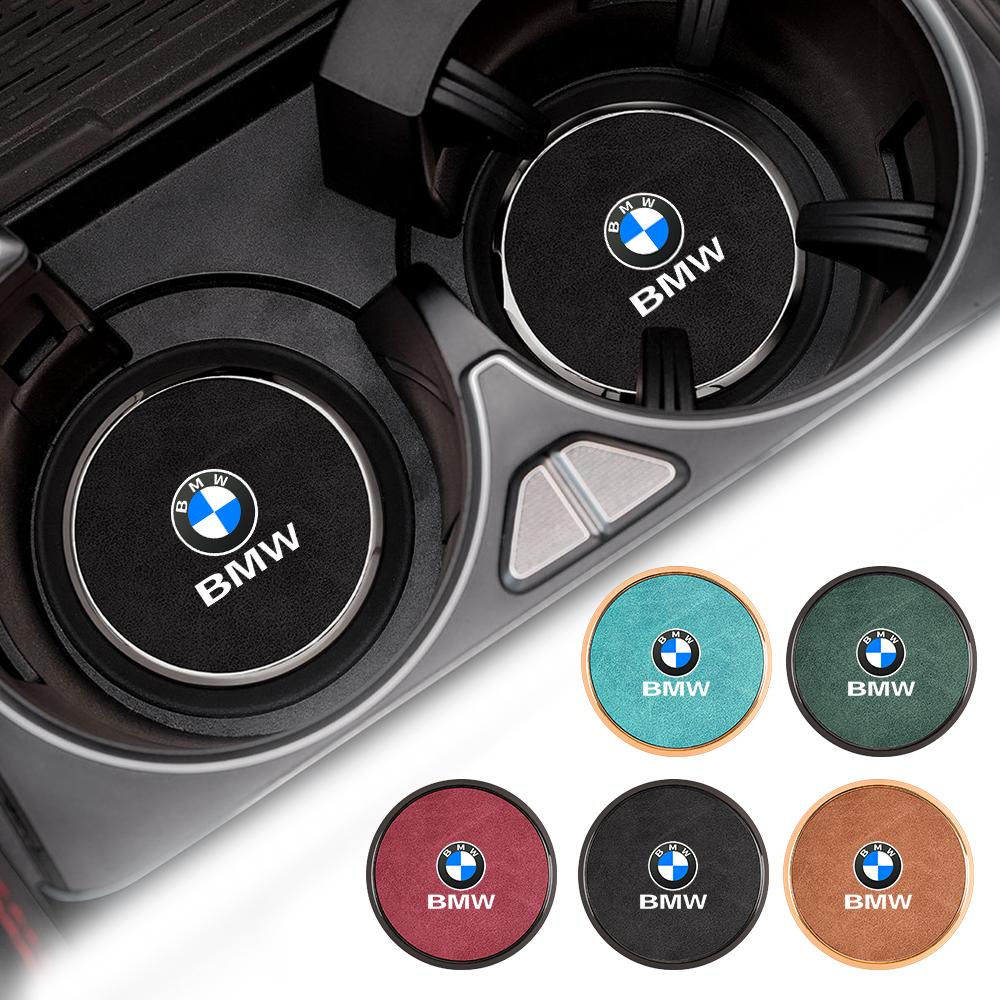BBIT7 For BMW 1 3 5 6 Series E39 E90 E36 E60 E30 F30 G20 X1 X3 X5 X6 2pcs Car Water Cup Holder Pad Alloy Leather Coaster Anti-slip Mat
