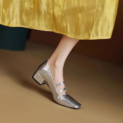 Нежные ретро серебристые туфли Мэри Джейн с квадратным носком и толстым каблуком, новые маленькие кожаные туфли для женщин