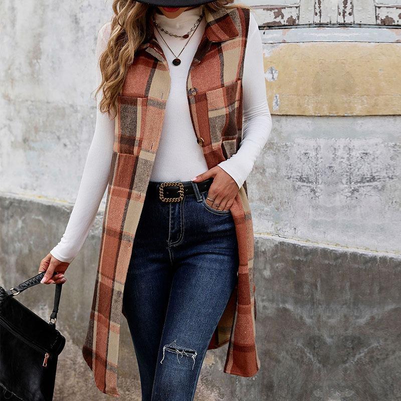 Sleeveless Turn Down Collar Plaid Mid Length Women S Vest