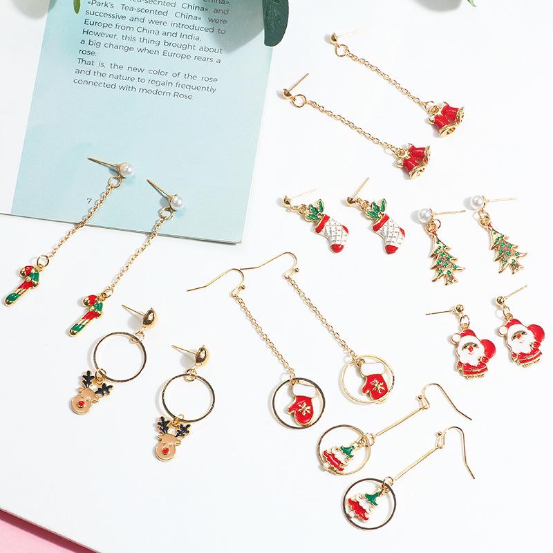 Christmas Creative Long Oil Drip Earrings, Simple Small Fresh Reindeer Cane Socks Studs, Trendy Accessories