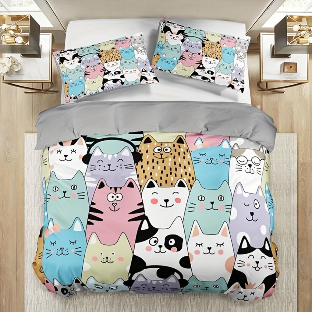 Fashion Cartoon Cat Animal 3D Print Bedding Set Soft Comfortable Duvet Cover King Queen Twin Single Size Bithday Gift Room Decor