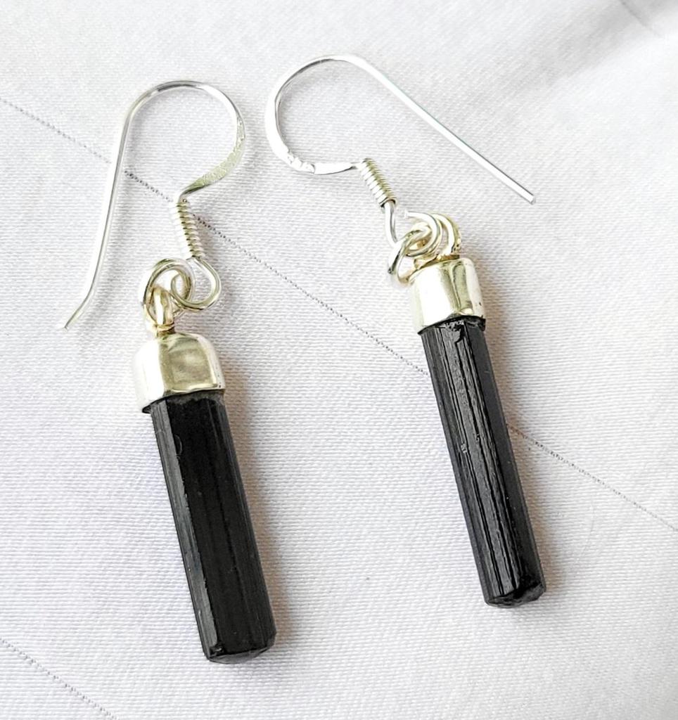 Natural Raw Black Tourmaline Gemstone 925 Sterling Silver Earring, Gift Earring