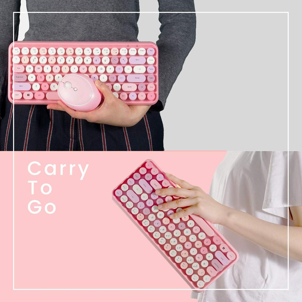 Perix PERIDUO-713PKUS Typewriter Keyboard, Pink Wireless Mouse Set, 2.4GHz Retro Design, Pastel Pink [Official Warranty] (Pink, English Layout)
