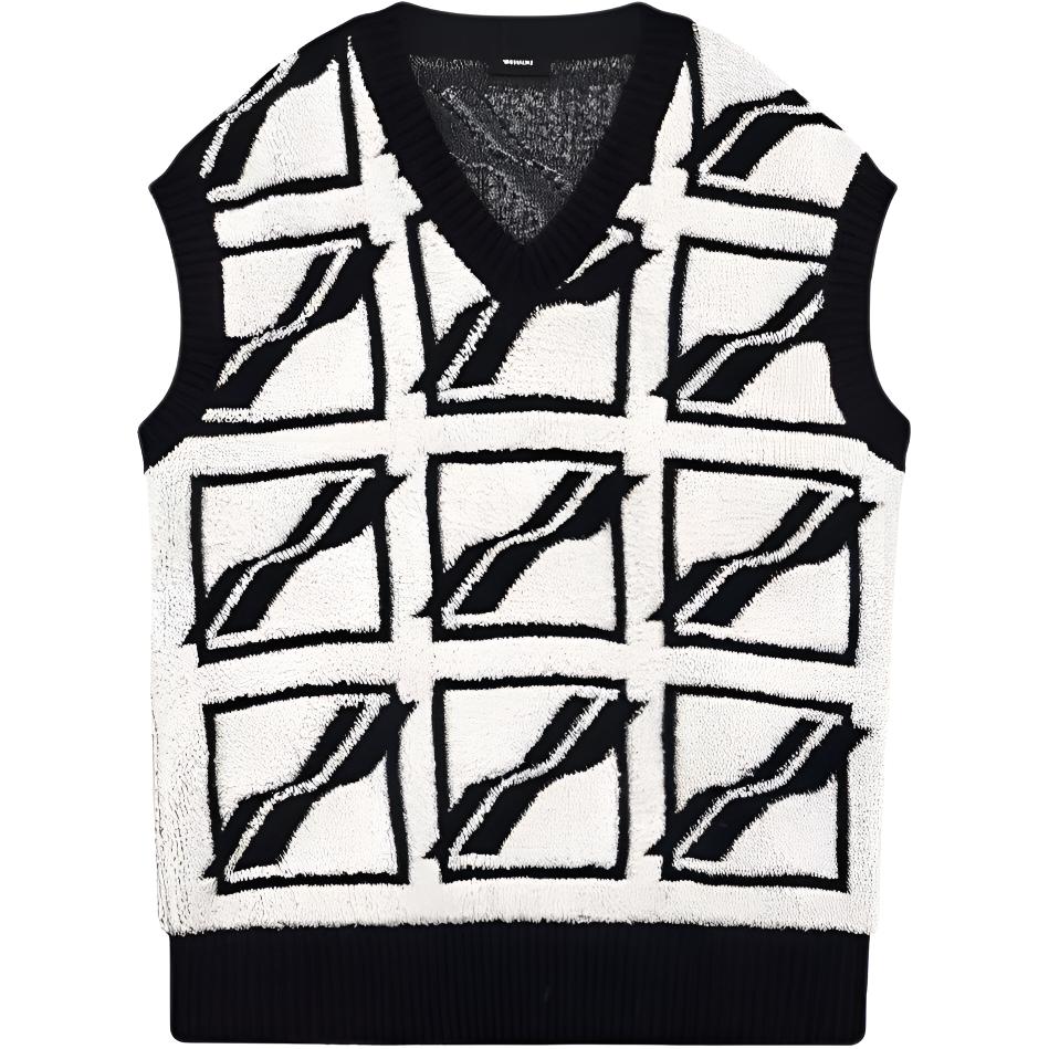 We11done Ss22 Logo Geometric Pattern Full Knit V-Neck Vest Unisex vests White WD-KV1-22-652-U-IV
