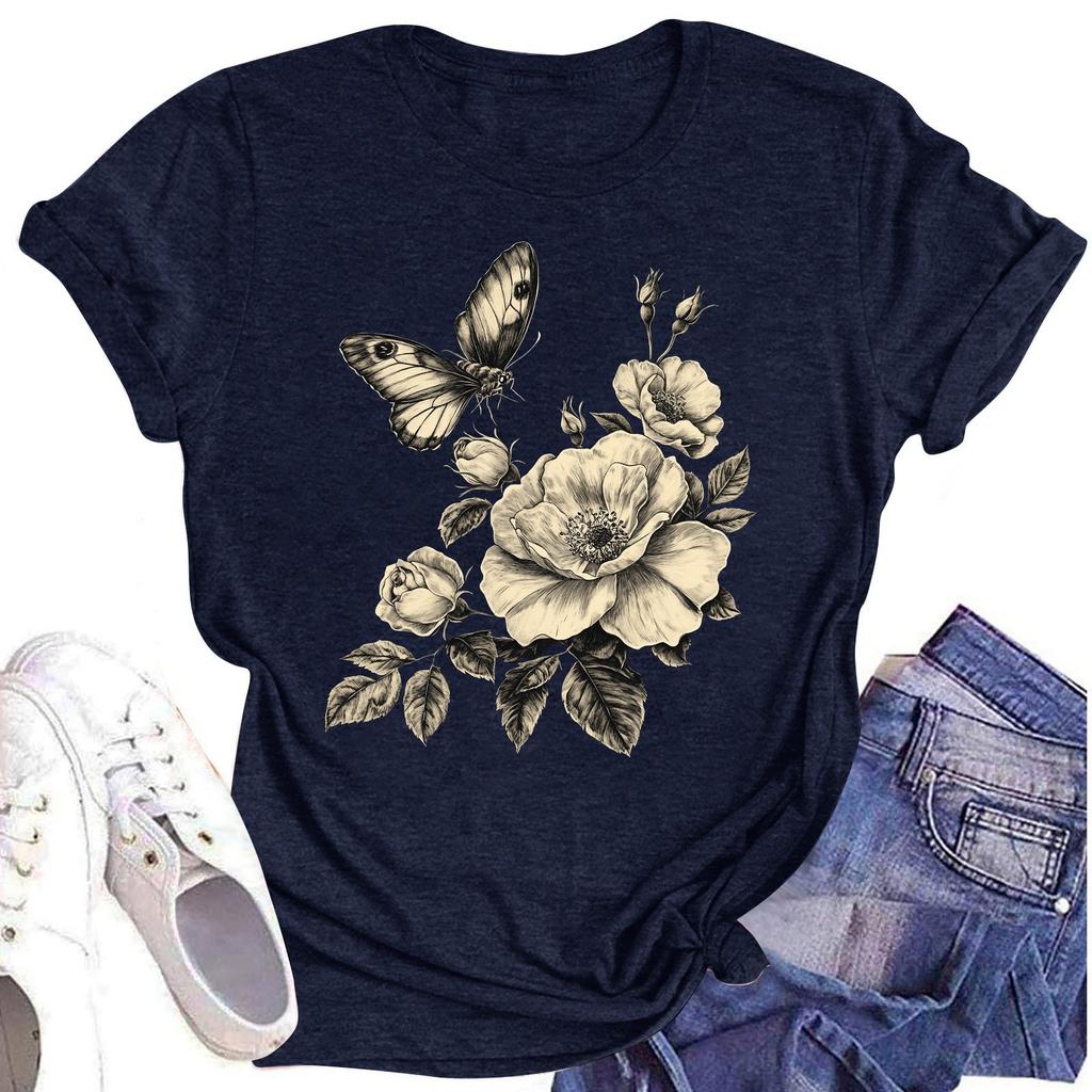Женская повседневная футболка с круглым вырезом и цветочным принтом, короткий рукав