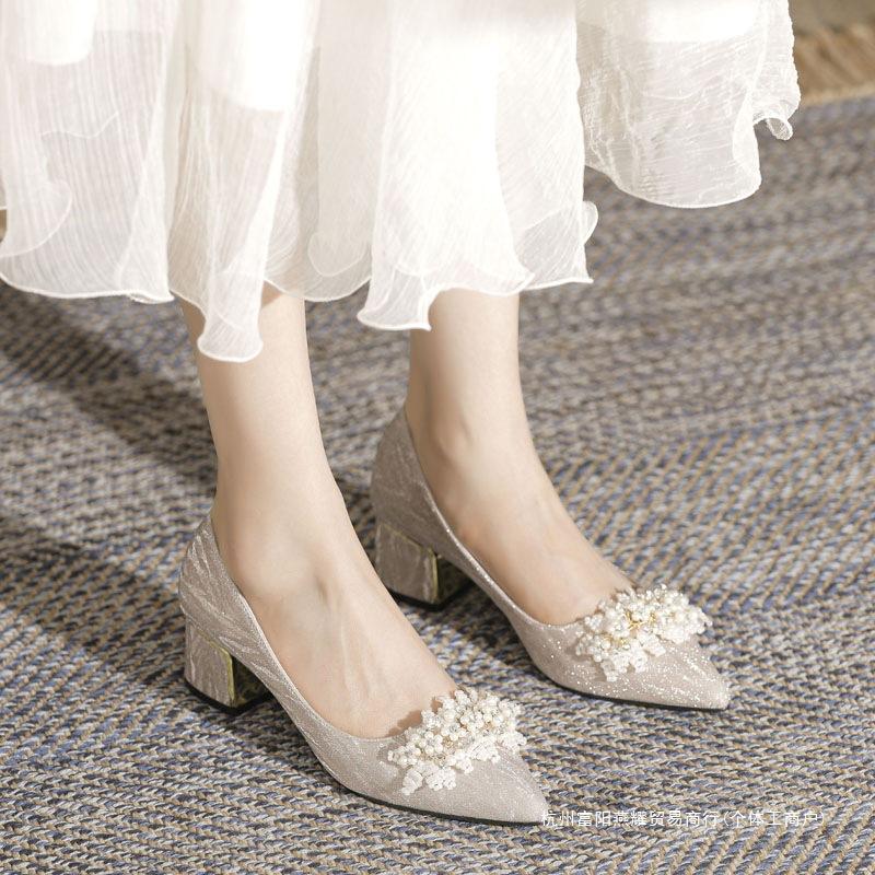 Большие свадебные туфли 41-43 золотые туфли на толстом каблуке, широкие ноги, шампанское, свадебные туфли на высоком каблуке, маленькие одинарные туфли женские цветы осень