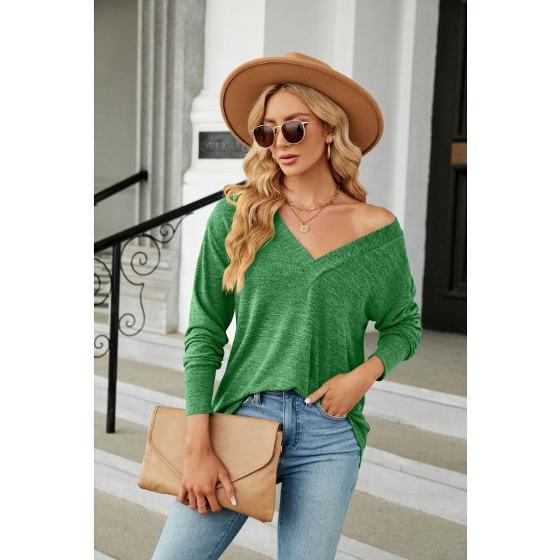 Весенне-осенняя женская блузка, однотонная, с v-образным вырезом, свободный повседневный топ с длинными рукавами