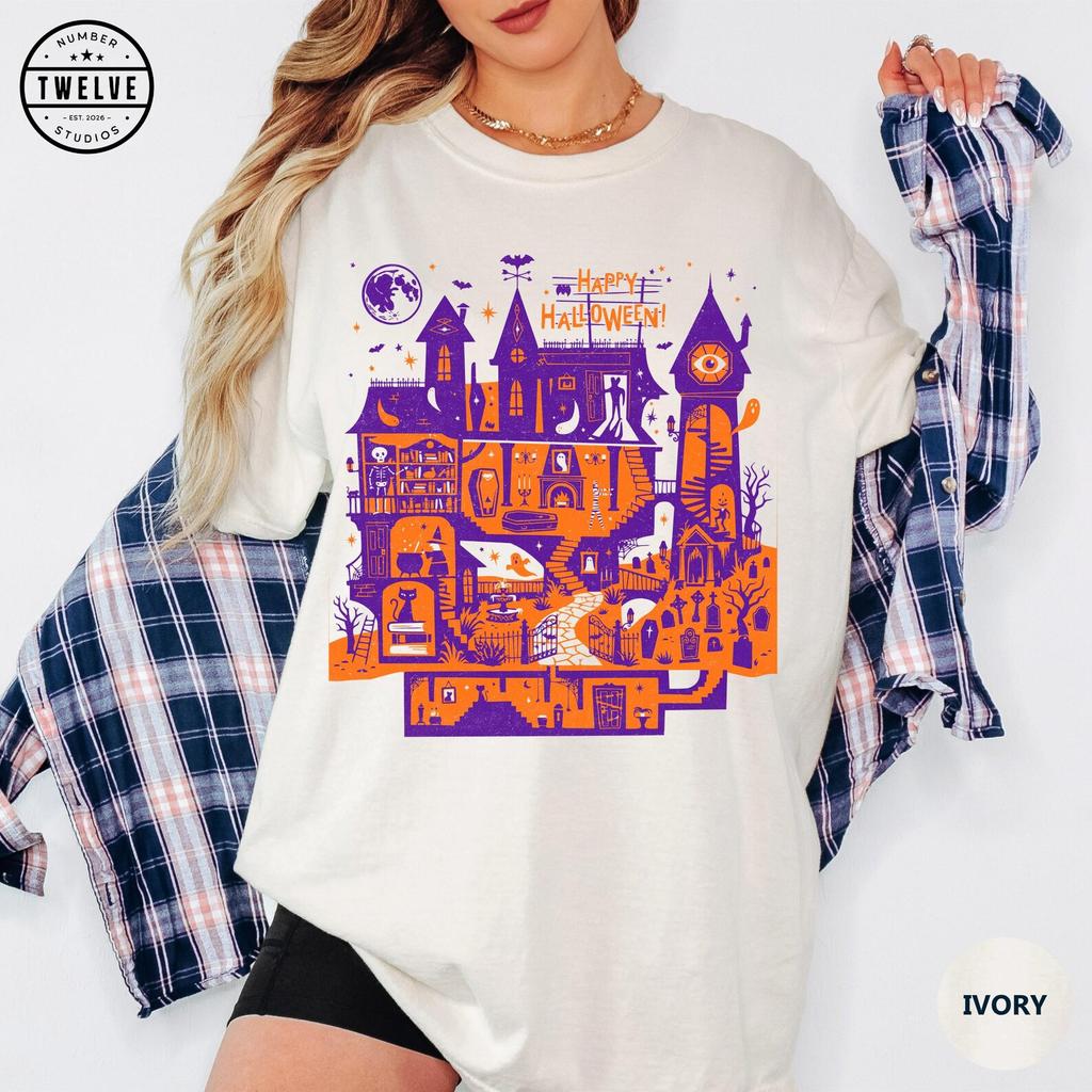 Comfort Colors® Happy Halloween Haunted House Shirt, Retro Ghost Tee, Vintage Spooky Tshirt, Trick Or Treat Gift, Party Tee, Womens T-Shirt